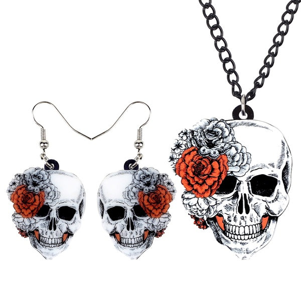 Acrylique Halloween Rose fleur crâne squelette ensembles de bijoux boucles d'oreilles collier accessoires cadeau pour femmes filles dames charme déco