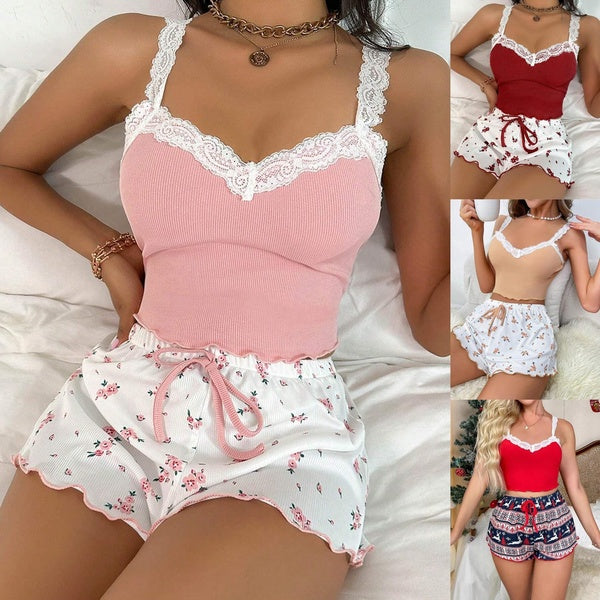 Women's Pajamas Set 2 Piece Christmas print Comfort Stretch Loungewear Sleepwear Lace Trim Cami Top and Shorts PJ Set