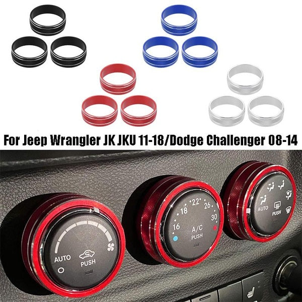 3Pcs Air Conditioner Switch Volume Cover AC Climate Control Knob Ring for Jeep Wrangler JK JKU 2011-2018 for Dodge Challenger 2008-2014