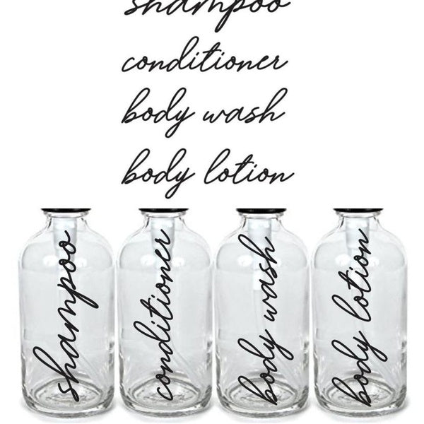 Shampooing Conditioner Body Wash Lotion Label Set, décalcomanies en vinyle de bouteille de savon distributeur de verre, lettre de style script manusc