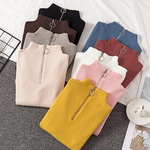 Autumn and Winter Women Fashion Ring Zipper Long Sleeve Turtleneck Sweater Slim Fit Pullover Sweater(9 Colors)