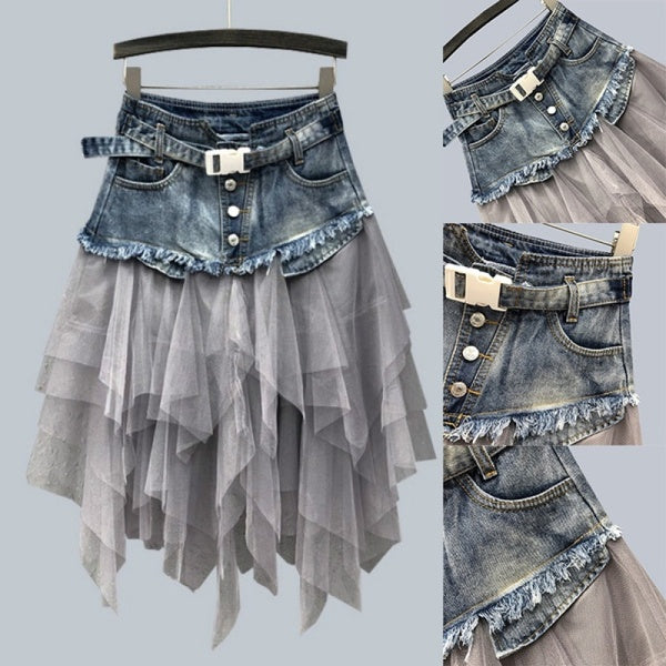 Women Denim Mesh Patchwork Skirt High Waist A Line Asymmetric Frill Tulle Gothic Chic Skirts