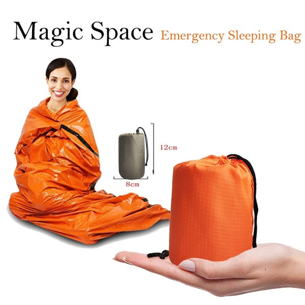Magic Space Emergency Sleeping Bag Portable Thermal Survival Bivvy Sack First Aid Emergency Blanket for Outdoor Camping Hiking (Color:Orange-Green)