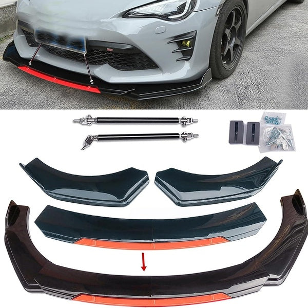 Universal Red Front Bumper Lip Chin Spoiler PP Front Bumper Lip Sopiler Wing Body with Adjustable 8"-11" Support Splitter Rod