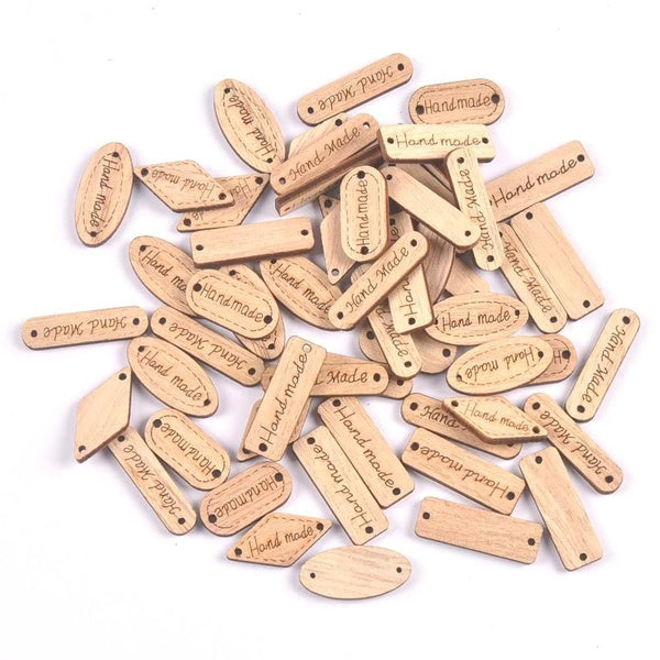 50Pcs 2hole Mix Shaped Wooden Labels "Hand Made" Wood Tags Hanging Ornaments DIY Crafts Supplies Home Decor Handwork Accessories 8-30mm c3361