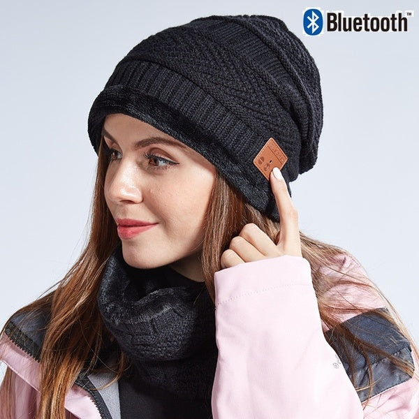 Bonnet Bluetooth, Bonnets en tricot d'hiver Ensemble écharpe cache-cou avec musique stéréo sans fil, Microphone intégré pour les appels mains libres,