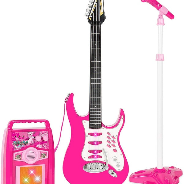 Kids Electric Guitar Play Set w- Whammy Bar, Microphone, Amp, AUX, Pink