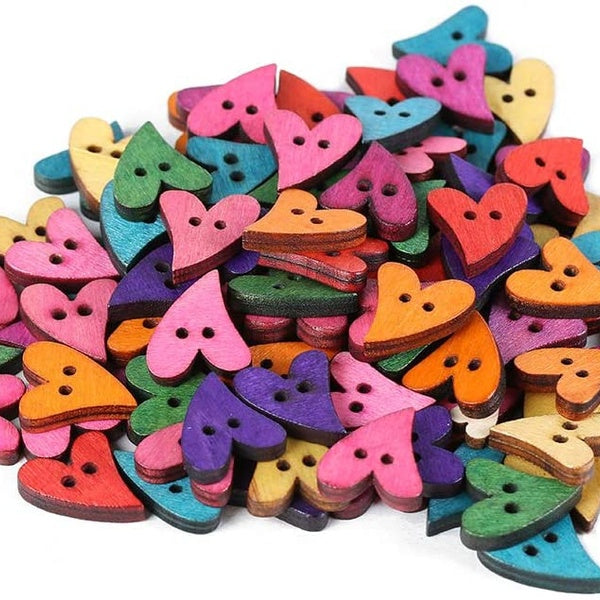 100pcs Wooden Love Heart Buttons, Rustic Colored Wood Buttons with 2 Holes for Crafts Sewing Decoration