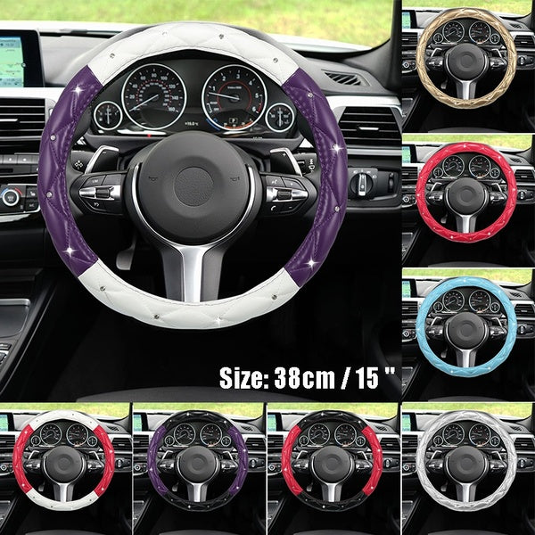 Universal 38cm-15inch Faux Leather Car Steering Wheel Cover with Bling Faux Crystal Rhinestones Car Wheel Protector