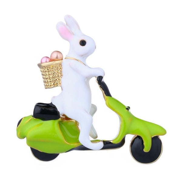 Enamel Rabbit Brooch Riding Bike Carry Basket Traveling Animal Women Cute Brooch Pin Jewelry Gift