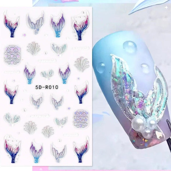 Mermaid Jellyfish Fish Tail Nail Stickers 5D Embossed Laser Aurora Blue Purple Ocean Sea Shell Decals Animal Manicure Decoration