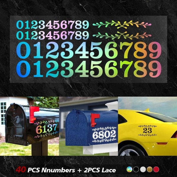44Pcs 0~9 Number & Lace Self Adhesive Vinyl Decal Reflective Stickers for Car Zip Code Mobile Phone House Number, 1"+2"
