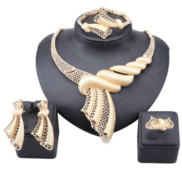 Luxury Dubai Gold Color Crystal Jewelry Set Woman Wedding Party Dating Necklace Bangle Earring Ring Jewellery Set