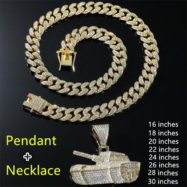Hip Hop Full Diamonds Tank Pendant Necklace Men Women Iced Out Bling Cuban Necklaces HipHop Jewelry Fashion Gift