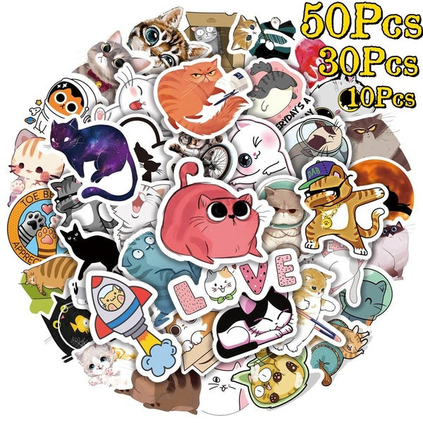10-30-50Pcs Autocollants Chat Mignon Graffiti Autocollants Tasse D'eau Valise Ordinateur Portable Voiture Électrique Scooter Autocollants Décoratifs