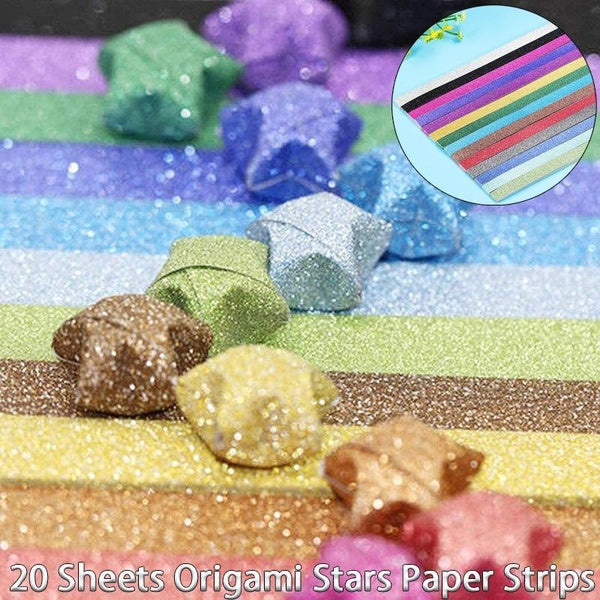 20 Sheets Glitter Paper Origami Stars Paper Strips Lucky Star Decoration Folding Paper Origami for Hand Arts Make Home Decor