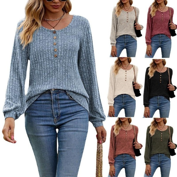 Women Button Crew Neck Sweaters Long Sleeve Shirts Tunic Tops To Wear with Leggings