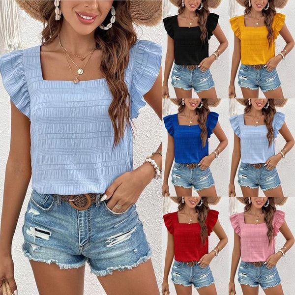 Women's Summer U Neck Ruffled Shirt Fashion Casual Loose Blouses Solid Tops for Female