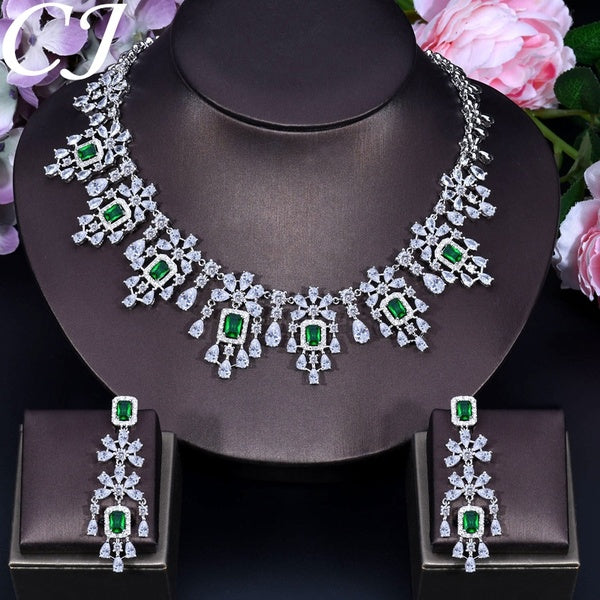 CANDICE Luxury Brand AAA+ Cubic Zirconia Tassel Earrings Choker Necklace Set with Green Nigerian Bridal Wedding Jewelry Sets for Brides