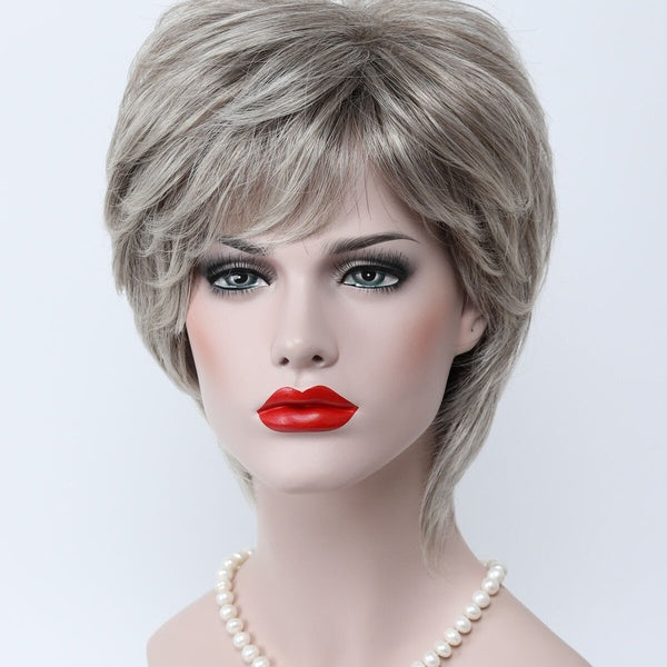 Charming Dark Brown root Gray white Mix Short Straight Women Everyday Full Wig