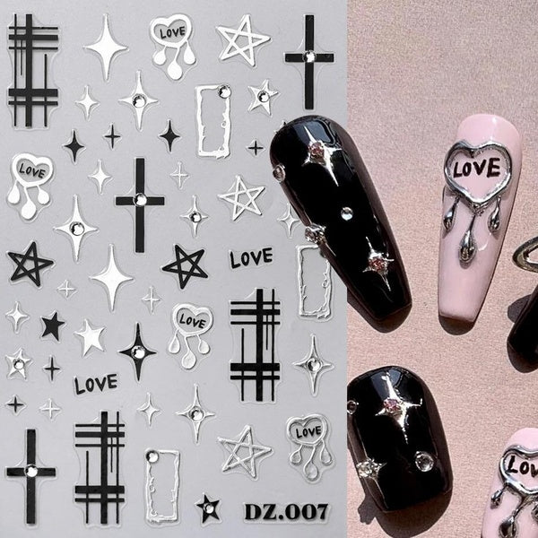 Nail Sticker Jewelry Silver Black Stars Geometry Charms Gel Decals Adhesive Holographic Siders Kawaii Accessories Decorations