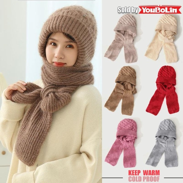 Winter Womens Knitted Hat Double Warm Padded Thickened Hat Scarf One Wool Knitting Net Red Pop Wind and Snow Beanies Hats
