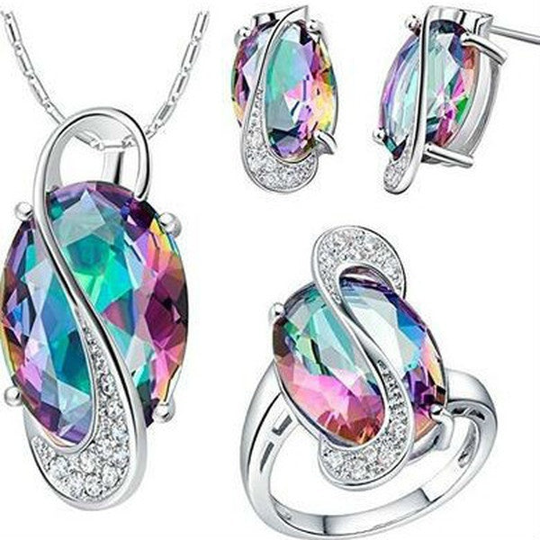 4 Pieces - Set of Fashion Classic Ladies White Gold Colorful Topaz Wedding Jewelry Set Earrings + Pendant Necklace + Ring Bride Engagement Accessorie
