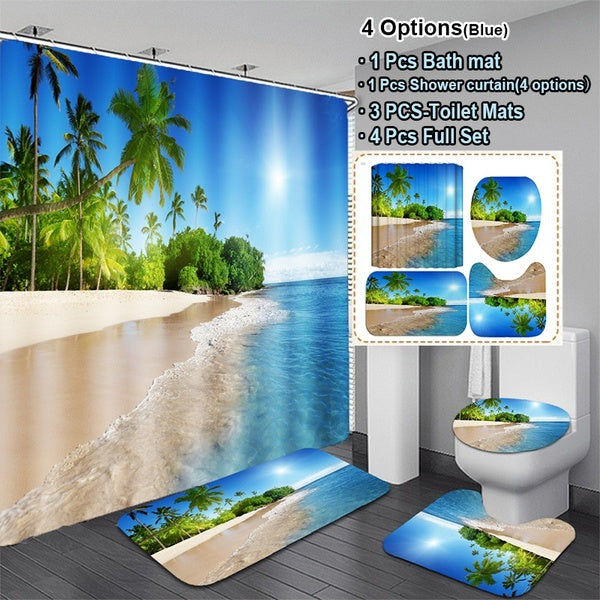 Bathroom Shower Curtain Set 3D Summer Coastal Sunny Beach Scenery Bathroom Shower Curtain Set Waterproof Shower Curtain + Toilet Cover + Non-Slip Bat