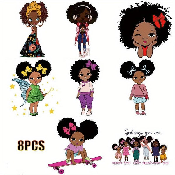 8pcs Cartoon Girl Heat Transfer Stickers For Clothes DIY,Holiday Party Clothes, Pillow Bags Jeans, Room Decor, Home Decor, Scene Decor