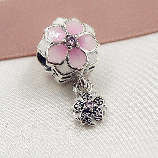 Perle pendante en argent sterling 925 Magnolia Bloom avec émail rose et zircone pour bracelets à breloques européens