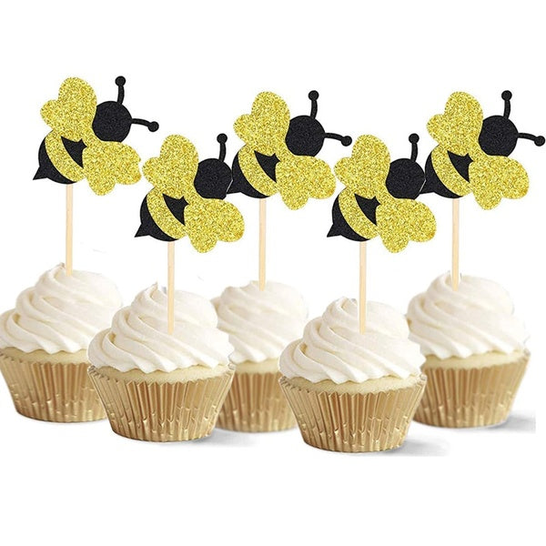 10pcs Glitter Bumble Bee Cupcake Toppers Baby Bee for Gender Reveal Baby Shower Party Cake Food Decoration Supplies