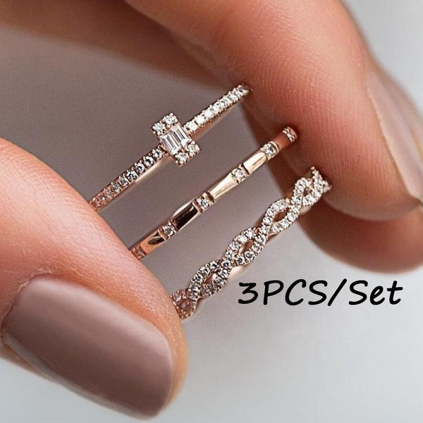 3PCS - Set Charm Cubic Zirconia Thin Stackable Twisted Ring Set Femmes Zircon Bagues De Fiançailles De Mariage Bande Or Rose Plaqué Anneaux Bijoux Ta