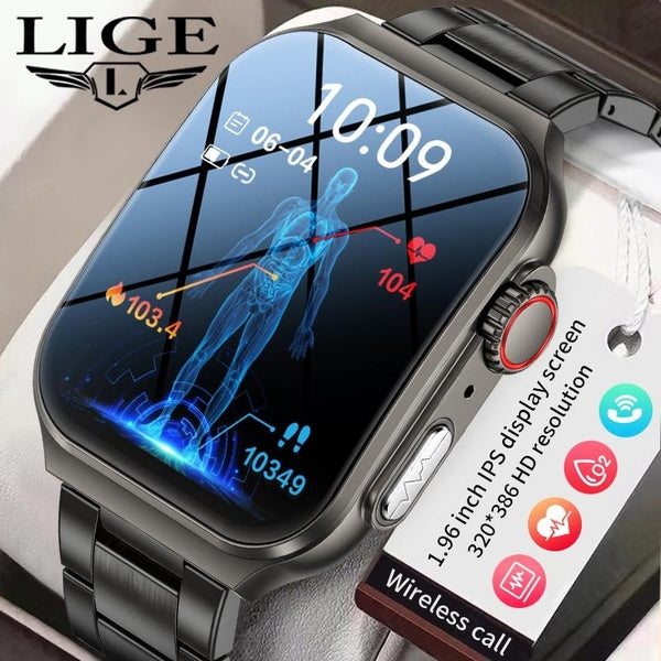 LIGE 1,96 pouces HD écran tactile Bluetooth appel montre intelligente ECG + PPG moniteur de santé Bracelet 100 + sport Fitness suivi Smartwatch pour
