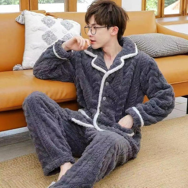 Men's Pajamas Winter Coral Velvet Thickened Flannel Autumn and Winter New Outerwear Cardigan Home Suit