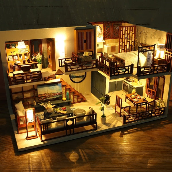 DIY Doll House Toy 3D Wooden Doll Houses Miniature Dollhouse Toys with Furniture LED Lights