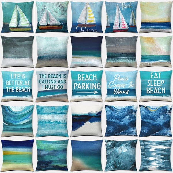 Oil Painting Beach Series Pillow Gift Home Office Decoration Pillow Bedroom Sofa Car Cushion Cover Pillowcase(45cm * 45cm)