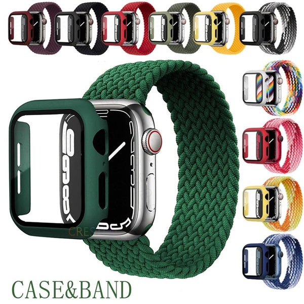 Film with Case Elastic Strap for Smartwatch 8 7 SE 6 45mm 41mm 44mm 40mm Tempered Glass Screen Protector Nylon Sport Cover Band Bracelet for Smartwat