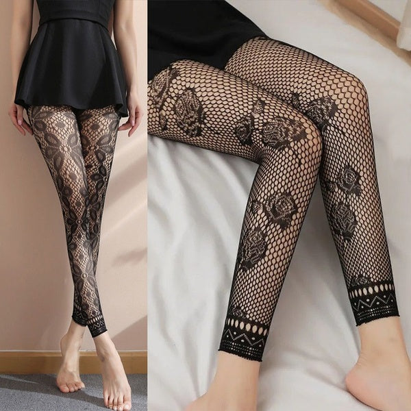 Femmes Floral Dentelle Leggings Stretchy Taille Haute Mesh Skinny pantsPantalons Collants Noir