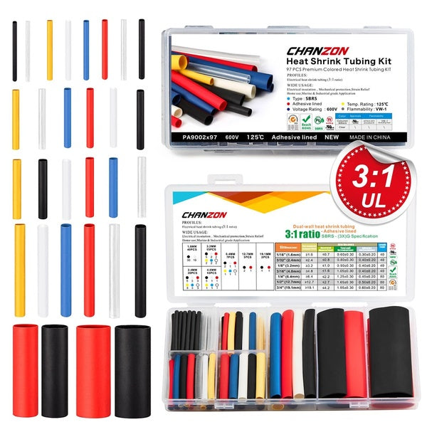 Chanzon 35 Tailles 3:1 Ratio Kit Assortiment de Tubes Thermorétractables de Qualité Marine Imperméable 97 pcs Adhésif Doublé Multicolore Noir Blanc R