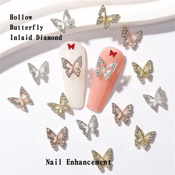 10pcs 3D Exquisite Hollow Alloy Butterfly Nail Art Charms Mixed Colors Metal Luxury Jewelry Nail Rhinestones DIY Nail Accessories