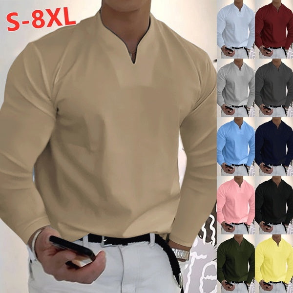 Mens Autumn Long Sleeve T-Shirts Casual V-Neck Shirts Plus Size Fitness Sports T-Shirt Men's Elastic Comfort T-shirts XS-8XL