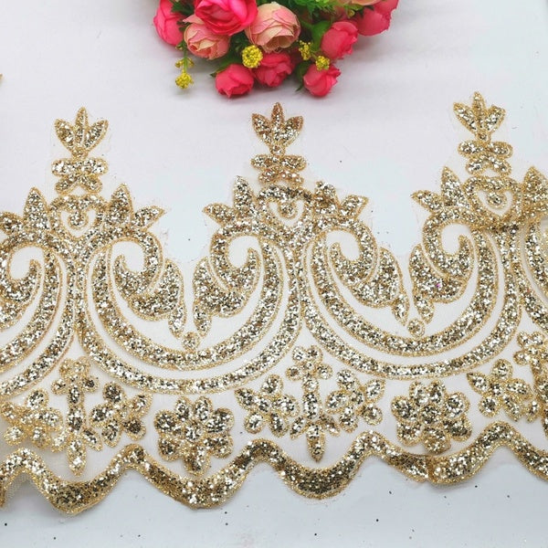 Bronzing Lace Fabrics Glitter Gilding Printing Gold Stamp For Bridal Dress Border Scalloped Trims Wedding Lace Fabrics 22cm