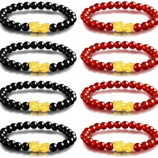 2 Pcs Feng Shui Bracelets pour Femmes Hommes Perlé Pi Xiu Charme Chanceux Fortune Noir Obsidienne Rouge Grenat Richesse Bracelet Réglable Élastique