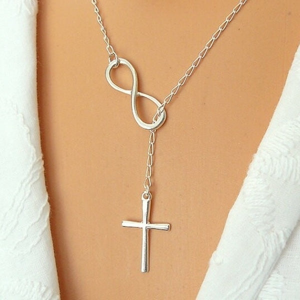925 Sterling Silver Chain 8 Choker Statement Cross Pendant Necklace for Women Infinity Cross Lariat Necklace