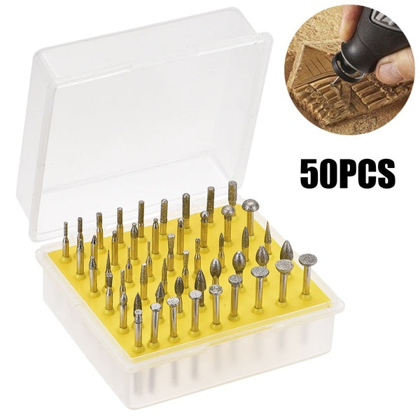 50PCS Diamond Burrs Set Grinding Drill Bits for Carving Rotary Tool 1-8-Inch Shank Small Head 120 Grit