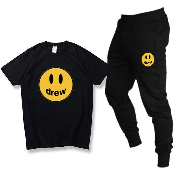 New Men 2 piece sets Justin Bieber Drew House Smile Face T shirt Sets Streetwear Casual t shirt plus trousers Sweatpants Suit