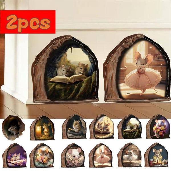 2pcs 3D Mouse Hole Wall Decals for Home Room Office Kitchen Door Decor