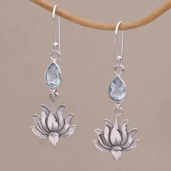 Délicat simple vintage plaqué argent pierres précieuses fleur boucles d'oreilles larme saphir petite charmante fleur de lotus boucles d'oreilles chaî