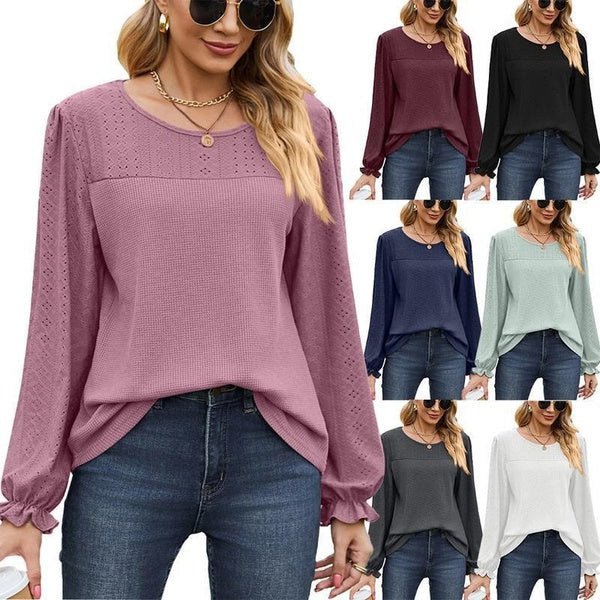 Women's Long Sleeve Tops Fall Puff Tunic Tops Pleated Crew Neck T-Shirts Casual Loose Blouses with Smocked Cuffs XS-XXL
