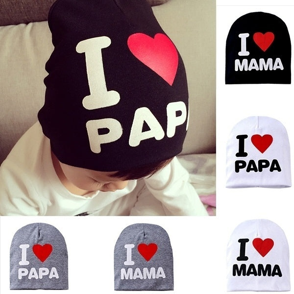 I lOVE MAMA PAPA Cute Hat Kids Baby Boy Girl Infant Cotton Beanie Cap Hats Family Day Clothes